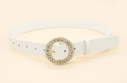 Round Rhinestone Belt | White